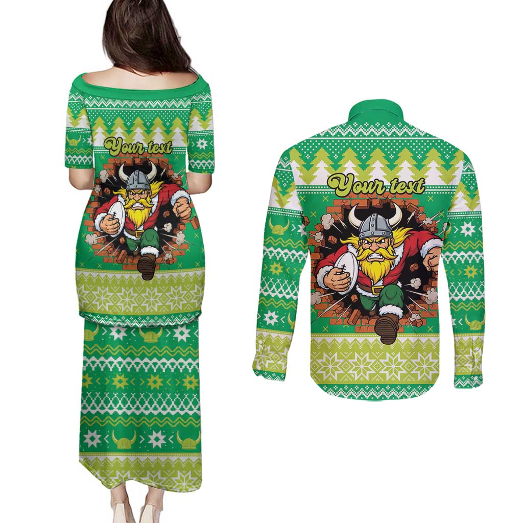 Santa Raiders Personalized Couples Matching Puletasi and Long Sleeve Button Shirt Christmas Rugby League Spirit - Aussie Hoodie