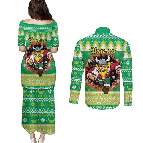 Santa Raiders Personalized Couples Matching Puletasi and Long Sleeve Button Shirt Christmas Rugby League Spirit - Aussie Hoodie