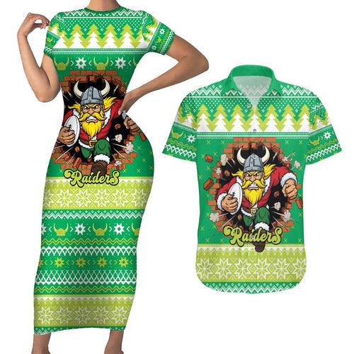 Santa Raiders Personalized Couples Matching Short Sleeve Bodycon Dress and Hawaiian Shirt Christmas Rugby League Spirit - Aussie Hoodie
