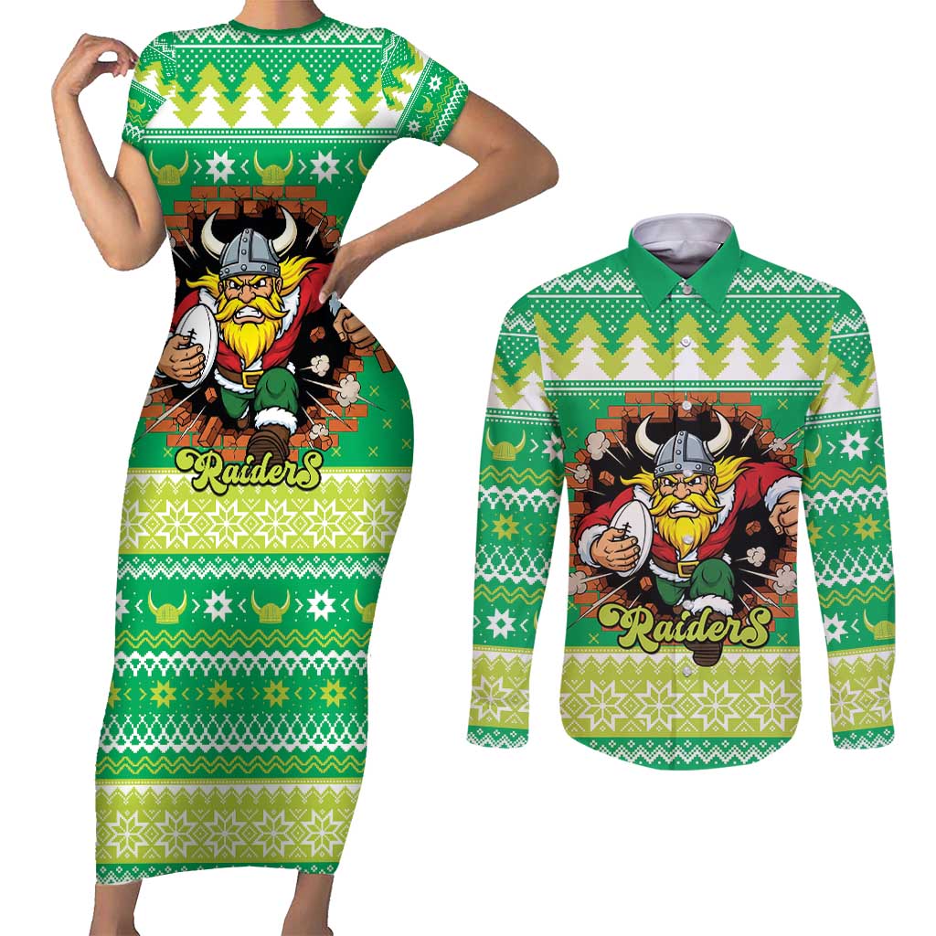 Santa Raiders Personalized Couples Matching Short Sleeve Bodycon Dress and Long Sleeve Button Shirt Christmas Rugby League Spirit - Aussie Hoodie