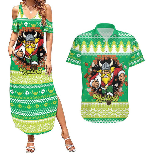 Santa Raiders Personalized Couples Matching Summer Maxi Dress and Hawaiian Shirt Christmas Rugby League Spirit - Aussie Hoodie