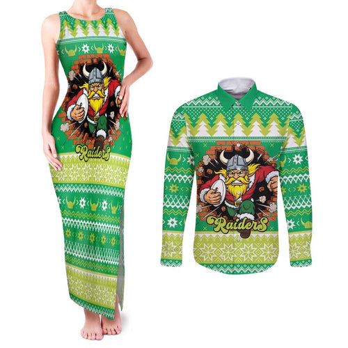 Santa Raiders Personalized Couples Matching Tank Maxi Dress and Long Sleeve Button Shirt Christmas Rugby League Spirit - Aussie Hoodie