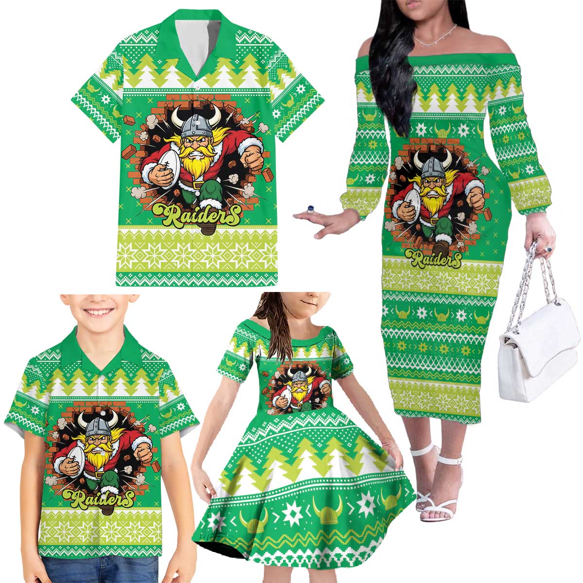 Santa Raiders Personalized Family Matching Off The Shoulder Long Sleeve Dress and Hawaiian Shirt Christmas Rugby League Spirit - Aussie Hoodie