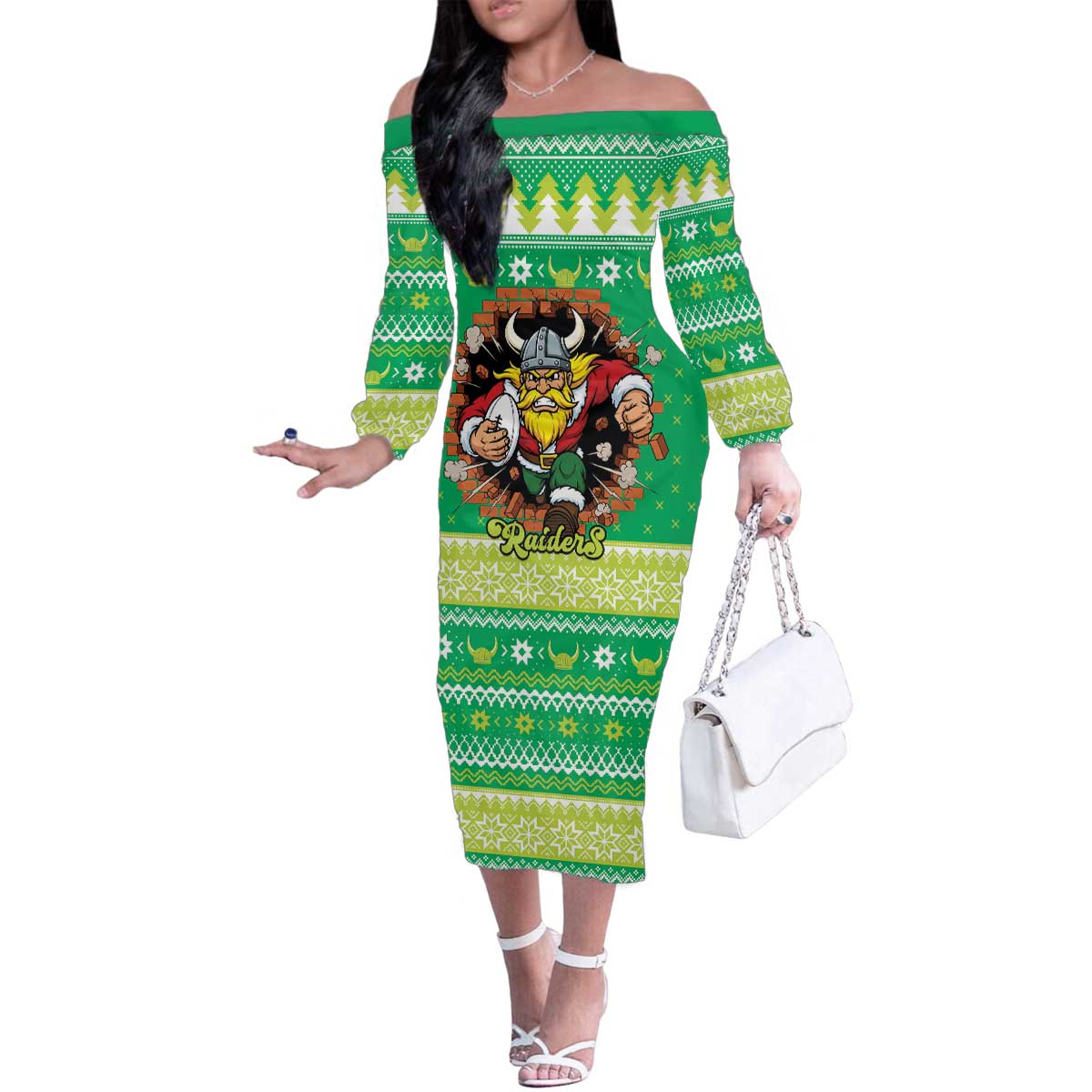 Santa Raiders Personalized Family Matching Off The Shoulder Long Sleeve Dress and Hawaiian Shirt Christmas Rugby League Spirit - Aussie Hoodie