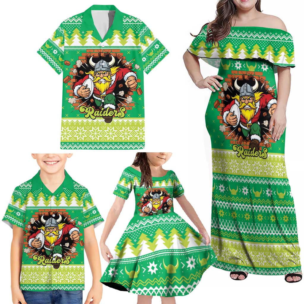 Santa Raiders Personalized Family Matching Off Shoulder Maxi Dress and Hawaiian Shirt Christmas Rugby League Spirit - Aussie Hoodie
