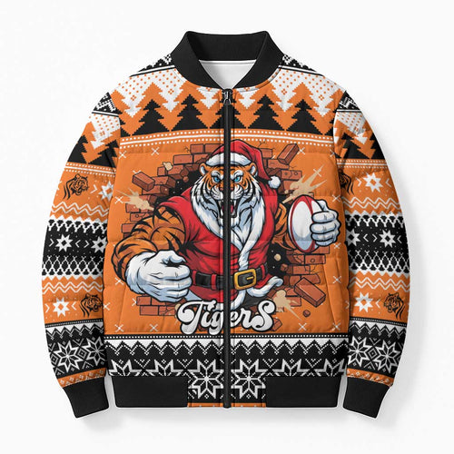 Santa Tiger Roar Personalized Bomber Puffer Jacket Christmas Rugby League Spirit - Aussie Hoodie