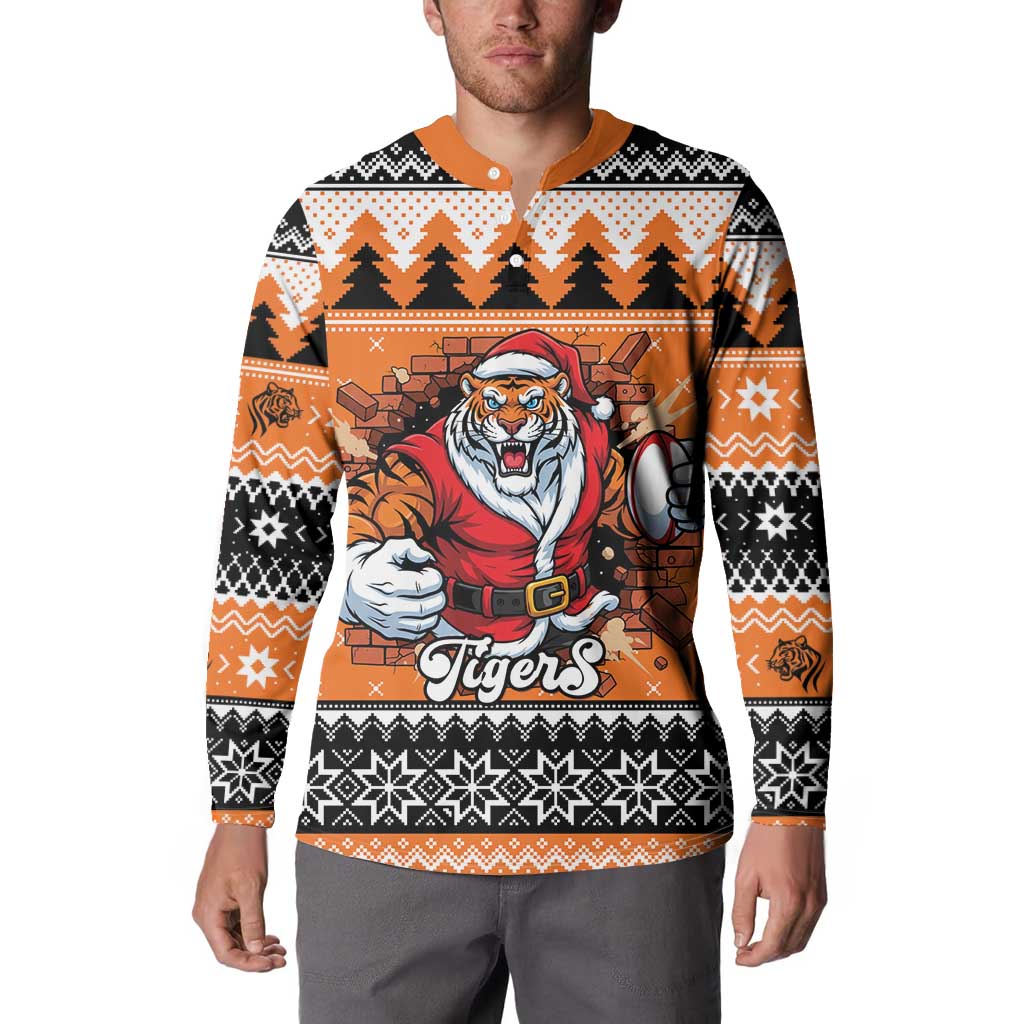 Santa Tiger Roar Personalized Button Sweatshirt Christmas Rugby League Spirit - Aussie Hoodie