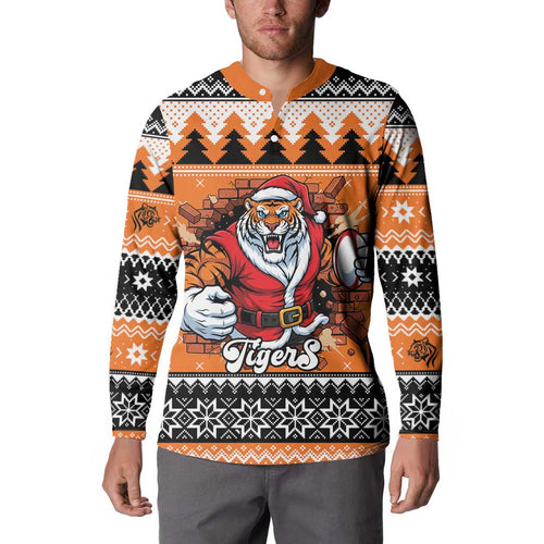 Santa Tiger Roar Personalized Button Sweatshirt Christmas Rugby League Spirit - Aussie Hoodie
