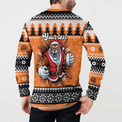 Santa Tiger Roar Personalized Button Sweatshirt Christmas Rugby League Spirit - Aussie Hoodie
