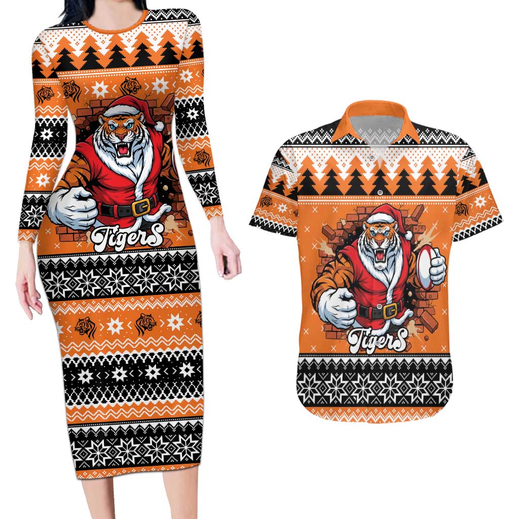 Santa Tiger Roar Personalized Couples Matching Long Sleeve Bodycon Dress and Hawaiian Shirt Christmas Rugby League Spirit - Aussie Hoodie