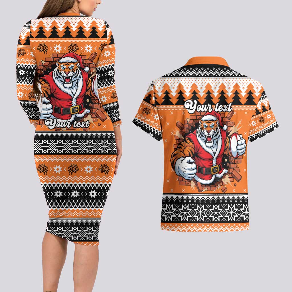 Santa Tiger Roar Personalized Couples Matching Long Sleeve Bodycon Dress and Hawaiian Shirt Christmas Rugby League Spirit - Aussie Hoodie