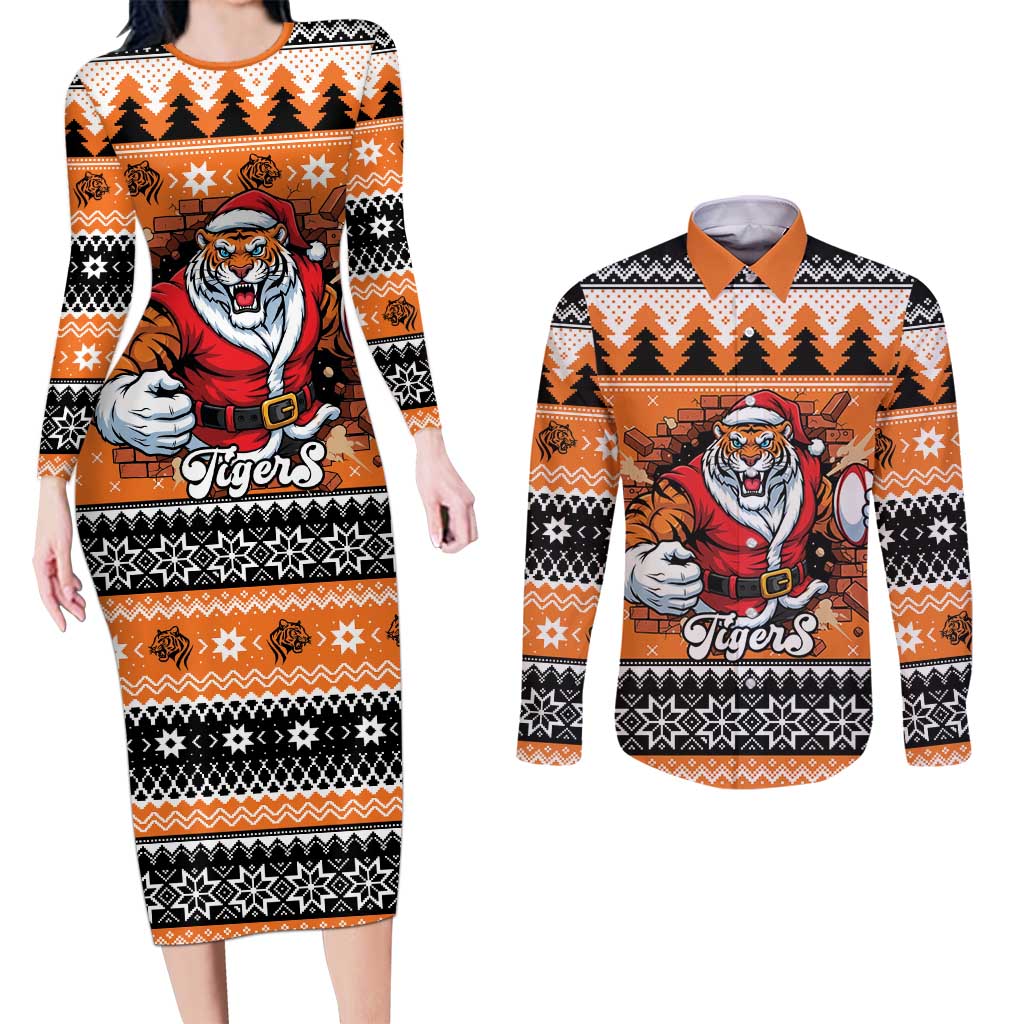 Santa Tiger Roar Personalized Couples Matching Long Sleeve Bodycon Dress and Long Sleeve Button Shirt Christmas Rugby League Spirit - Aussie Hoodie