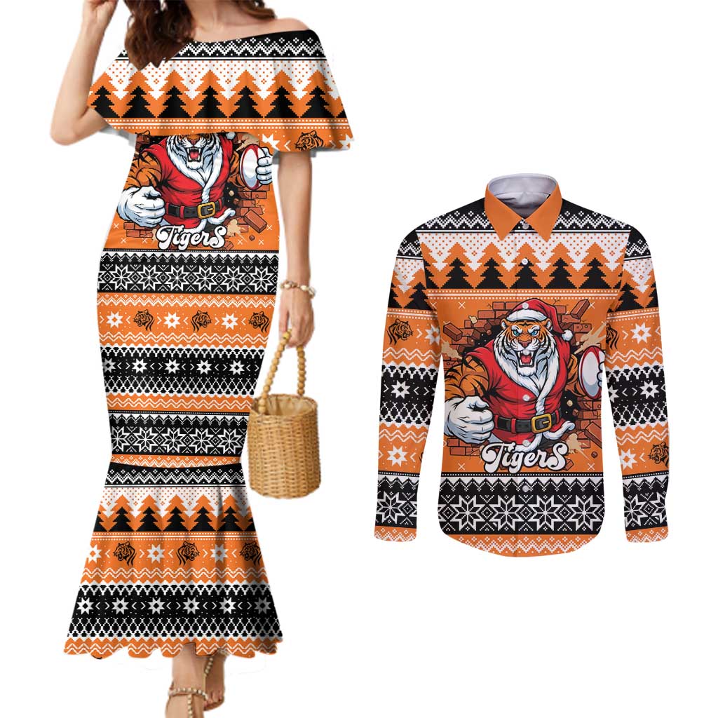Santa Tiger Roar Personalized Couples Matching Mermaid Dress and Long Sleeve Button Shirt Christmas Rugby League Spirit - Aussie Hoodie