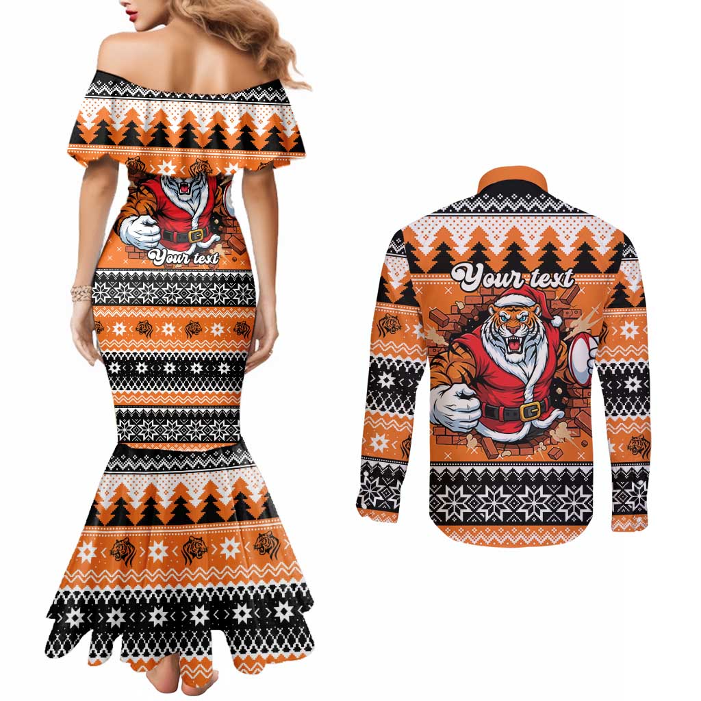 Santa Tiger Roar Personalized Couples Matching Mermaid Dress and Long Sleeve Button Shirt Christmas Rugby League Spirit - Aussie Hoodie