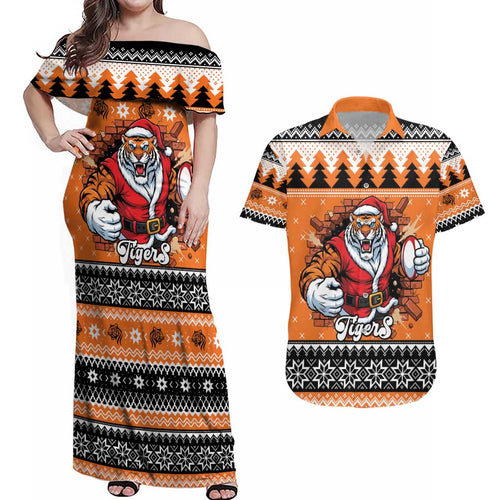 Santa Tiger Roar Personalized Couples Matching Off Shoulder Maxi Dress and Hawaiian Shirt Christmas Rugby League Spirit - Aussie Hoodie
