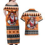 Santa Tiger Roar Personalized Couples Matching Off Shoulder Maxi Dress and Hawaiian Shirt Christmas Rugby League Spirit - Aussie Hoodie