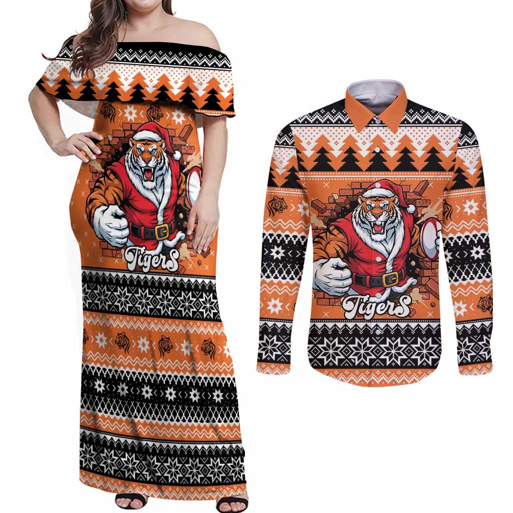 Santa Tiger Roar Personalized Couples Matching Off Shoulder Maxi Dress and Long Sleeve Button Shirt Christmas Rugby League Spirit - Aussie Hoodie