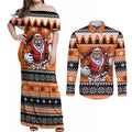 Santa Tiger Roar Personalized Couples Matching Off Shoulder Maxi Dress and Long Sleeve Button Shirt Christmas Rugby League Spirit - Aussie Hoodie