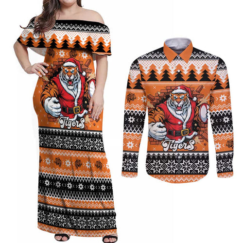 Santa Tiger Roar Personalized Couples Matching Off Shoulder Maxi Dress and Long Sleeve Button Shirt Christmas Rugby League Spirit - Aussie Hoodie