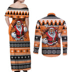 Santa Tiger Roar Personalized Couples Matching Off Shoulder Maxi Dress and Long Sleeve Button Shirt Christmas Rugby League Spirit - Aussie Hoodie