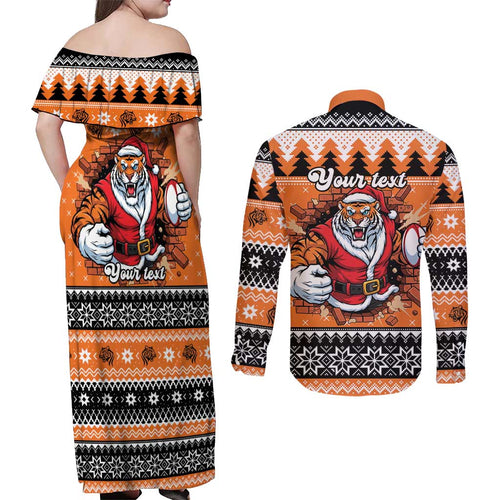Santa Tiger Roar Personalized Couples Matching Off Shoulder Maxi Dress and Long Sleeve Button Shirt Christmas Rugby League Spirit - Aussie Hoodie