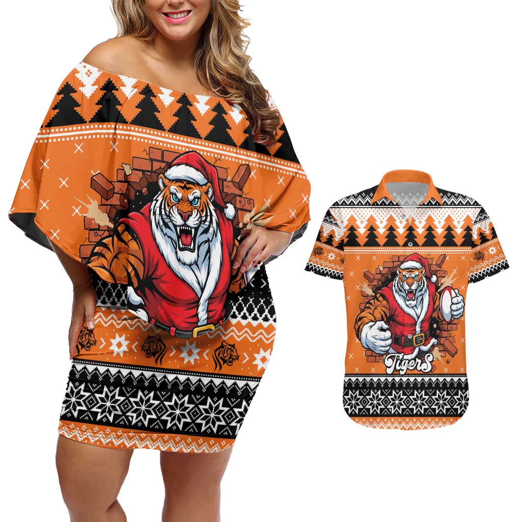 Santa Tiger Roar Personalized Couples Matching Off Shoulder Short Dress and Hawaiian Shirt Christmas Rugby League Spirit - Aussie Hoodie