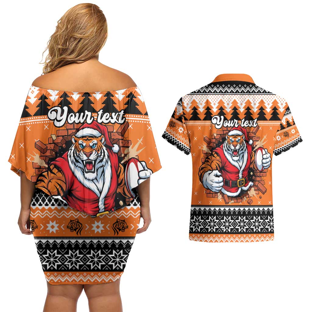 Santa Tiger Roar Personalized Couples Matching Off Shoulder Short Dress and Hawaiian Shirt Christmas Rugby League Spirit - Aussie Hoodie
