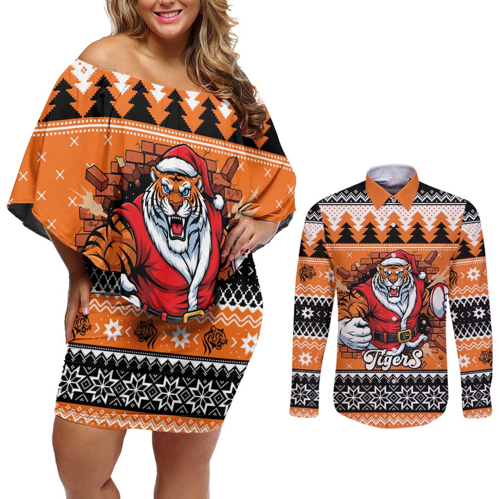 Santa Tiger Roar Personalized Couples Matching Off Shoulder Short Dress and Long Sleeve Button Shirt Christmas Rugby League Spirit - Aussie Hoodie