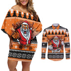 Santa Tiger Roar Personalized Couples Matching Off Shoulder Short Dress and Long Sleeve Button Shirt Christmas Rugby League Spirit - Aussie Hoodie