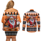 Santa Tiger Roar Personalized Couples Matching Off Shoulder Short Dress and Long Sleeve Button Shirt Christmas Rugby League Spirit - Aussie Hoodie