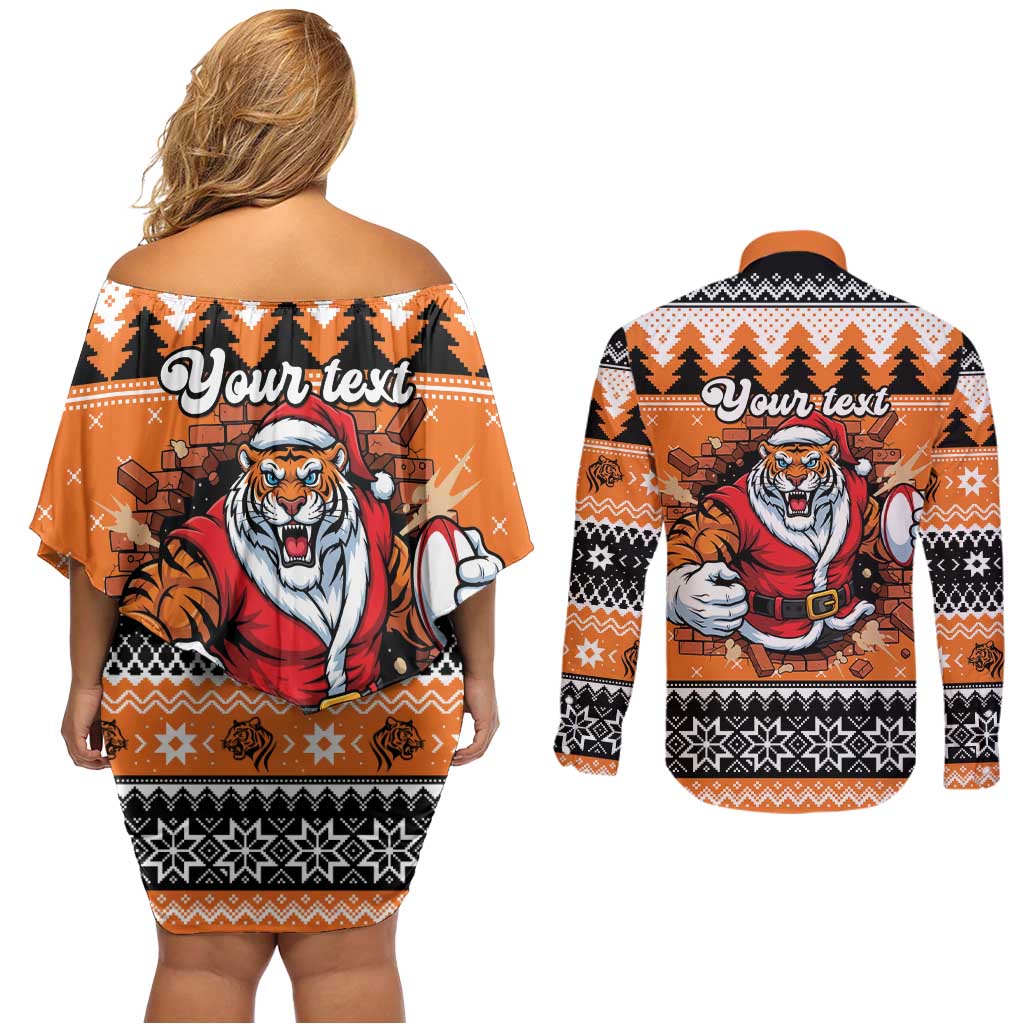Santa Tiger Roar Personalized Couples Matching Off Shoulder Short Dress and Long Sleeve Button Shirt Christmas Rugby League Spirit - Aussie Hoodie
