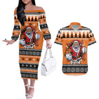 Santa Tiger Roar Personalized Couples Matching Off The Shoulder Long Sleeve Dress and Hawaiian Shirt Christmas Rugby League Spirit - Aussie Hoodie