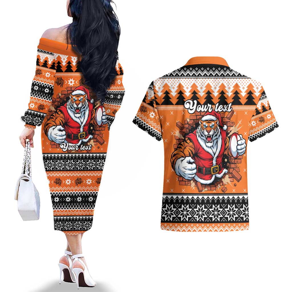 Santa Tiger Roar Personalized Couples Matching Off The Shoulder Long Sleeve Dress and Hawaiian Shirt Christmas Rugby League Spirit - Aussie Hoodie
