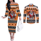 Santa Tiger Roar Personalized Couples Matching Off The Shoulder Long Sleeve Dress and Long Sleeve Button Shirt Christmas Rugby League Spirit - Aussie Hoodie