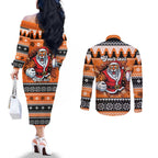 Santa Tiger Roar Personalized Couples Matching Off The Shoulder Long Sleeve Dress and Long Sleeve Button Shirt Christmas Rugby League Spirit - Aussie Hoodie