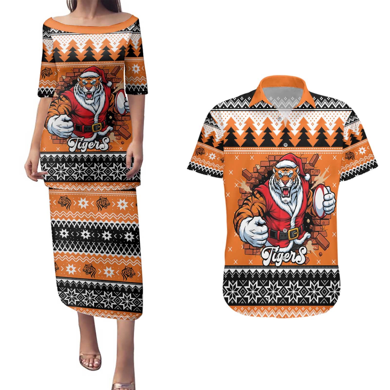 Santa Tiger Roar Personalized Couples Matching Puletasi and Hawaiian Shirt Christmas Rugby League Spirit - Aussie Hoodie
