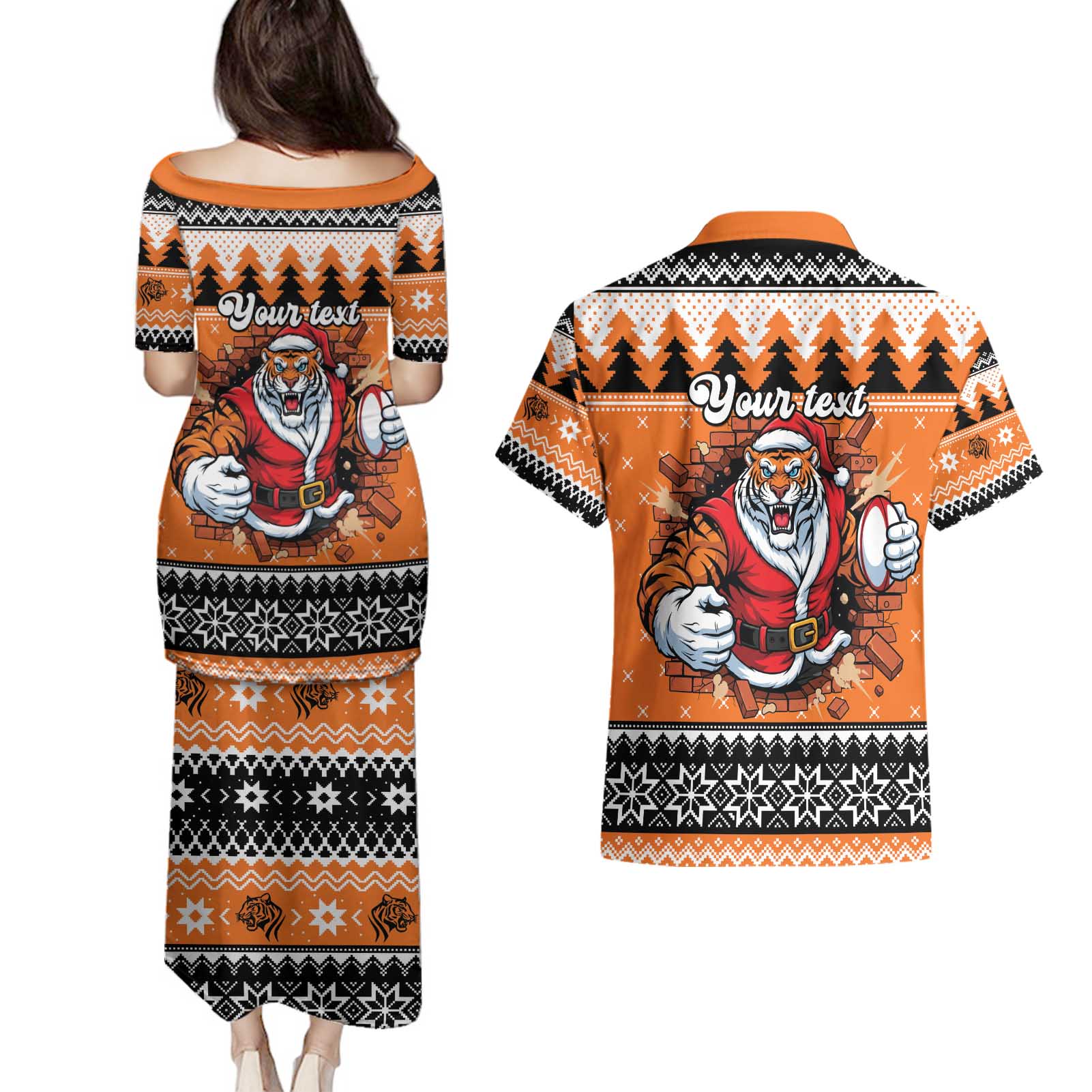 Santa Tiger Roar Personalized Couples Matching Puletasi and Hawaiian Shirt Christmas Rugby League Spirit - Aussie Hoodie