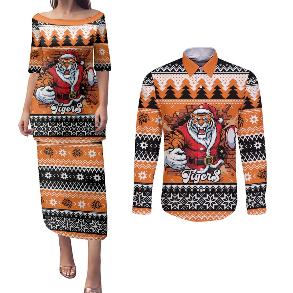 Santa Tiger Roar Personalized Couples Matching Puletasi and Long Sleeve Button Shirt Christmas Rugby League Spirit - Aussie Hoodie