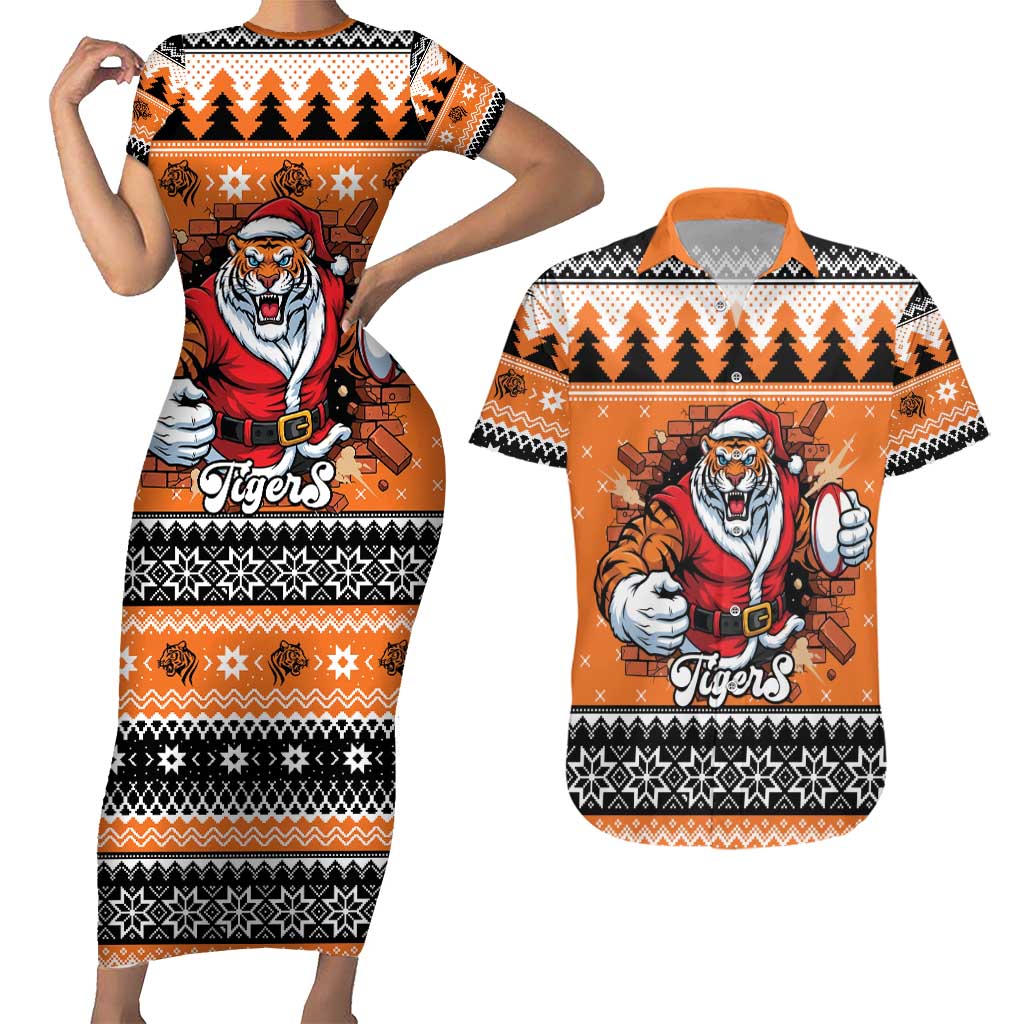 Santa Tiger Roar Personalized Couples Matching Short Sleeve Bodycon Dress and Hawaiian Shirt Christmas Rugby League Spirit - Aussie Hoodie