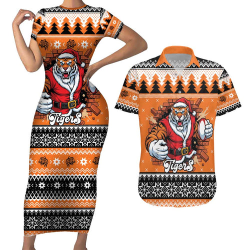 Santa Tiger Roar Personalized Couples Matching Short Sleeve Bodycon Dress and Hawaiian Shirt Christmas Rugby League Spirit - Aussie Hoodie