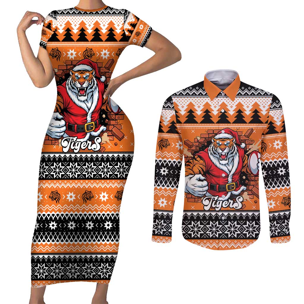 Santa Tiger Roar Personalized Couples Matching Short Sleeve Bodycon Dress and Long Sleeve Button Shirt Christmas Rugby League Spirit - Aussie Hoodie