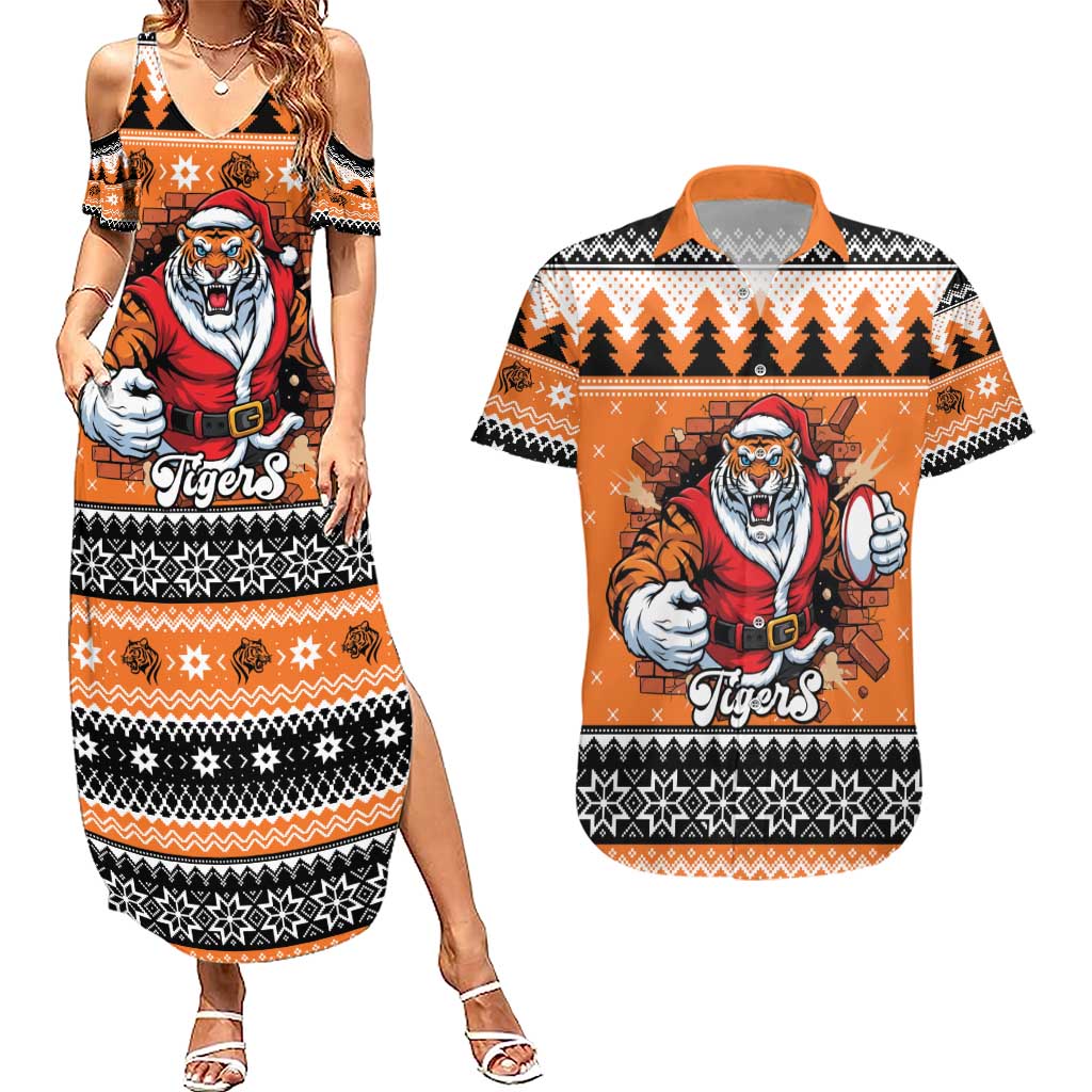 Santa Tiger Roar Personalized Couples Matching Summer Maxi Dress and Hawaiian Shirt Christmas Rugby League Spirit - Aussie Hoodie