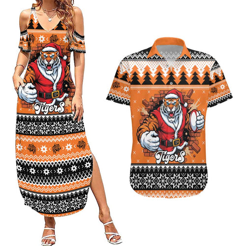 Santa Tiger Roar Personalized Couples Matching Summer Maxi Dress and Hawaiian Shirt Christmas Rugby League Spirit - Aussie Hoodie