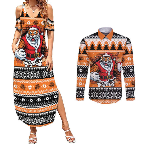 Santa Tiger Roar Personalized Couples Matching Summer Maxi Dress and Long Sleeve Button Shirt Christmas Rugby League Spirit - Aussie Hoodie