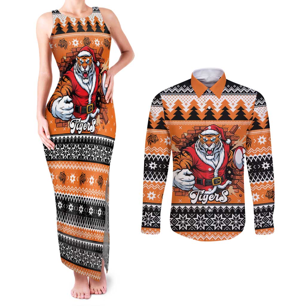 Santa Tiger Roar Personalized Couples Matching Tank Maxi Dress and Long Sleeve Button Shirt Christmas Rugby League Spirit - Aussie Hoodie