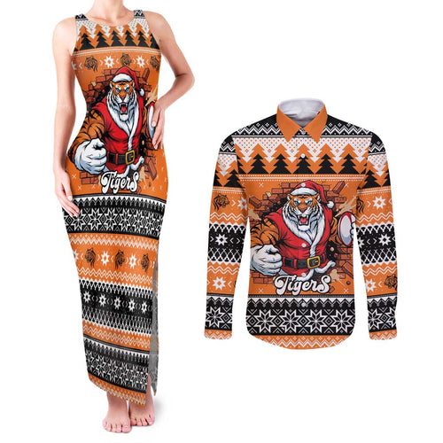 Santa Tiger Roar Personalized Couples Matching Tank Maxi Dress and Long Sleeve Button Shirt Christmas Rugby League Spirit - Aussie Hoodie