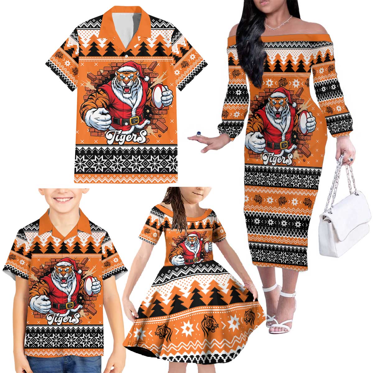Santa Tiger Roar Personalized Family Matching Off The Shoulder Long Sleeve Dress and Hawaiian Shirt Christmas Rugby League Spirit - Aussie Hoodie