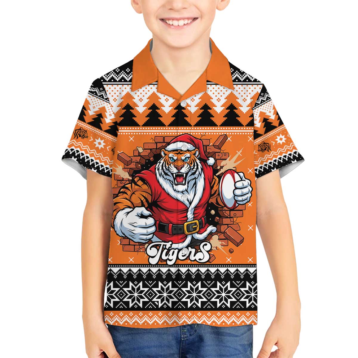 Santa Tiger Roar Personalized Family Matching Off The Shoulder Long Sleeve Dress and Hawaiian Shirt Christmas Rugby League Spirit - Aussie Hoodie
