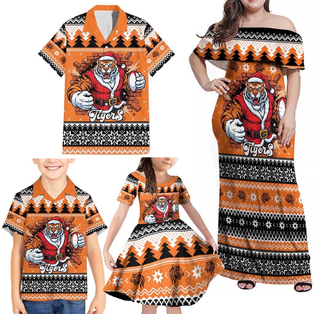 Santa Tiger Roar Personalized Family Matching Off Shoulder Maxi Dress and Hawaiian Shirt Christmas Rugby League Spirit - Aussie Hoodie