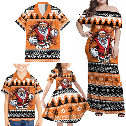 Santa Tiger Roar Personalized Family Matching Off Shoulder Maxi Dress and Hawaiian Shirt Christmas Rugby League Spirit - Aussie Hoodie